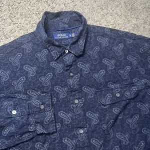 Ralph Lauren Size XL Navy Blue Floral Paisley Pattern Classic Fit Polo Shirt Top